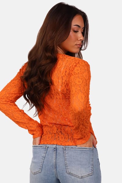 Getdrezzed Top - Maat: XS - Kanten top met ronde hals en lange mouwen oranje
