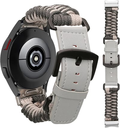 kwmobile Vervangingsarmband gevlochten voor Samsung Galaxy Watch 4 / 5 / 6 Galaxy Watch 7 / FE armband - Fitness tracker sportarmband van PU-leer met horlogesluiting - beige / donkergrijs