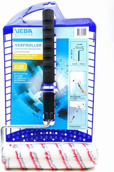 Veba Verfroller - 21 cm - met verfrooster en verlengsteel - Verfrol/vachtrol - telescoopsteel