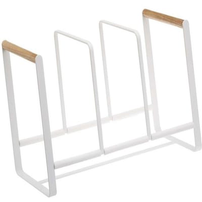 Bordenrek met 3 vakken, multifunctioneel, met houten handvat, van ijzerdraad, voor potdeksels, kommen, in de keuken white