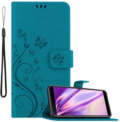 Cadorabo Hoesje geschikt voor Samsung Galaxy J4 PLUS in BLOEMEN BLAUW - Beschermhoes in bloemmotief met magnetische sluiting, standfunctie en kaartsleuven Book Case Cover Etui