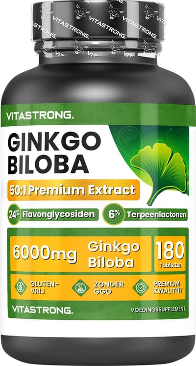 Vitastrong Ginkgo Biloba – 50:1 Extract, 120 mg per Tablet, 24% Flavonglycosiden en 6% Terpeenlactonen – Voor Geheugen, Concentratie en Microcirculatie – 180 Tabletten