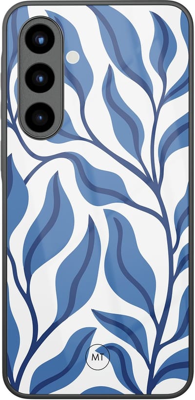 Hoesje geschikt voor Samsung Galaxy A56 - Blue leaves - Hard Case Zwart Back Cover - Print - Blauw - Mooie Telefoonhoesjes
