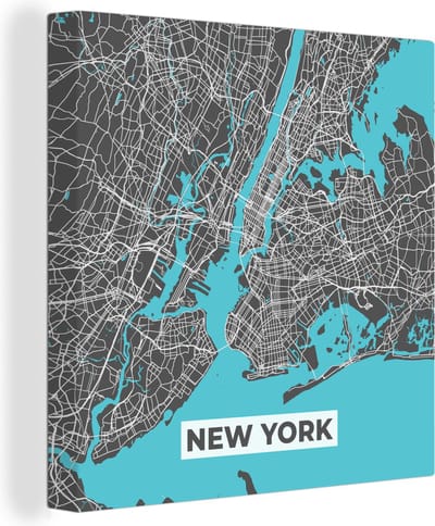 Canvas Schilderij Stadskaart - Blauw - New York - Plattegrond - Kaart - 20x20 cm - Wanddecoratie