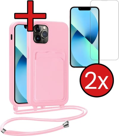 Hoesje Geschikt voor iPhone 13 Pro Hoesje Met Telefoonkoord en Pasjeshouder Met 2x Screenprotector Siliconen - Hoes Geschikt voor iPhone 13 Pro Hoesje Met Kaarthouder Case - Lichtroze