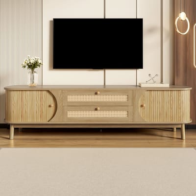 Wishdor Tv-Meubel - Met Schuifdeur En Rattan Lades - Met Massiefhouten Deuren - Mdf - Naturel - 170 X 39,5 X 46 Cm