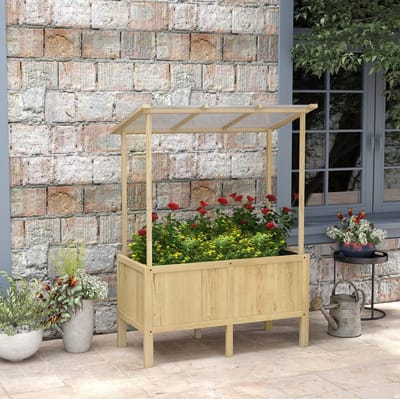 MEUNIQ Moestuinbak met deksel 110 x 60 x 152 cm van hout, verhoogde kweekbak met polycarbonaat dak, vliesstof en afwatering, voor tuin en balkon, naturel
