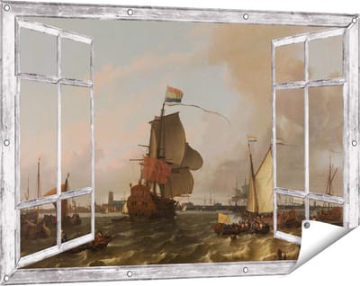 Gards Tuinposter Doorkijk Het Oorlogsschip Brielle op de Maas voor Rotterdam - Ludolf Bakhuysen - 120x80 cm - Tuindoek - Tuindecoratie - Wanddecoratie buiten - Tuinschilderij