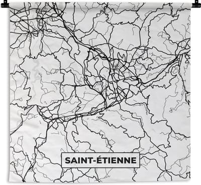 Wandkleed - Wanddoek - Saint-Étienne - Frankrijk - Kaart - Plattegrond - Stadskaart - Zwart wit - 180x180 cm - Wandtapijt
