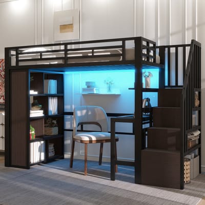 MODFU Hoogslaper 90x200 cm van metaal en MDF – met bureau, opbergrekken en LED-licht – zwart – voor thuiswerken
