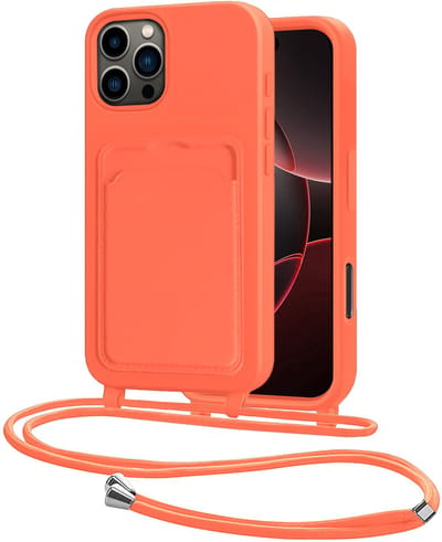 Hoes Geschikt voor iPhone 16 Pro Hoesje Pasjeshouder Cover Met Koord Case Siliconen Hoes Met Telefoonkoord en Kaarthouder - Papaya