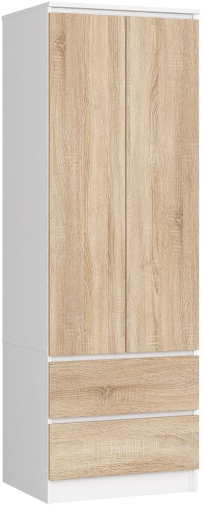 Kledingkast STAR S60 met 2 Deuren en 2 Lades / AKORD Furniture Factory / Wit – Sonoma Eik / 60 x 180 x 51 cm