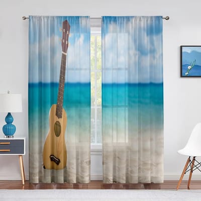 Gitaar Muzieknoten Blauwe Tule Gordijnen voor Woonkamer Slaapkamer Huisdecoratie Chiffon Transparant Voile Keuken Raamgordijn Draperieën 1 PCS W100XH250cm&Grommet Top