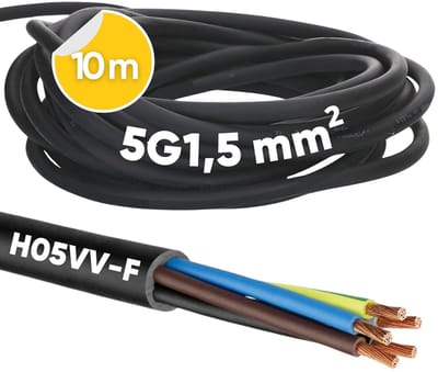 10 meter Kalitec H05VV-F flexibele kabel 5x1,5 mm² | 5G1,5 mm² stroomkabel met beschermingsgeleider | PVC-kabel voor binnengebruik | zwarte elektrische kabel | flexibele lampkabel | 5-aderige apparaatkabel