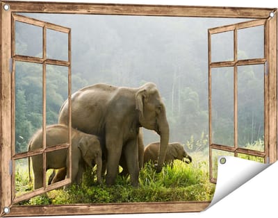 Gards Tuinposter Doorkijk Olifanten Familie in de Jungle - Olifant - 90x60 cm - Tuindoek - Tuindecoratie - Wanddecoratie buiten - Tuinschilderij