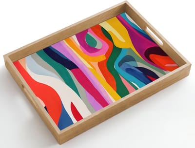 Dienblad hout 50x35 cm - Schootdienblad - Abstract - Kleurrijk - Golven - Lijnen - Borrelplank rechthoek - Plateau dienbladen