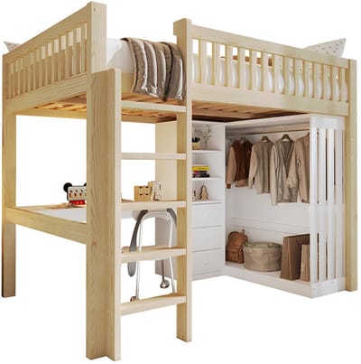 Komhtom Hoogslaper, 140 x 200 cm, bureau, kast, 3 lades, open opbergruimte, leuning, trap, zonder matras, naturel