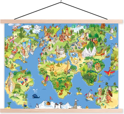 Kinder wereldkaart dieren en gebouwen schoolplaat platte latten blank 150x113 cm - Foto print op textielposter (wanddecoratie woonkamer/slaapkamer)