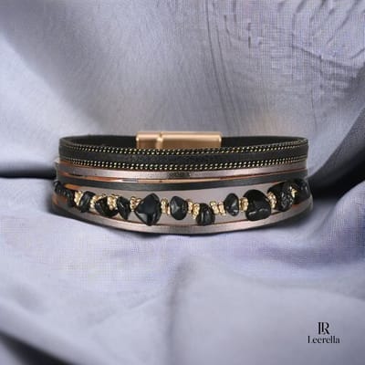 Leerella Echt Leren Multi-Layer Armband Zwart met Magneetsluiting – Boho Dames Armband – 19,5 cm