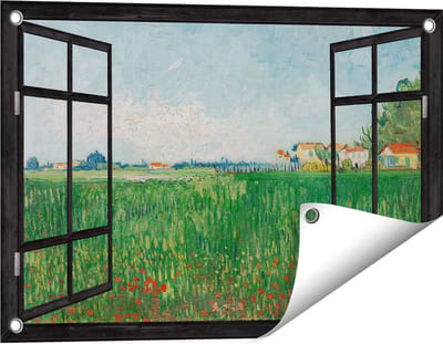 Gards Tuinposter Doorkijk Veld met Klaprozen - Vincent van Gogh - 60x40 cm - Tuindoek - Tuindecoratie - Wanddecoratie buiten - Tuinschilderij