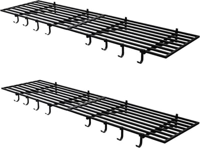 Garage Opbergplank 2-Delig - Voor Werkplaats & Garage - Wandmontage Met Haken - Staal Zwart - Zwart