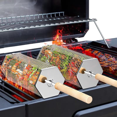 Famanu Rollende grillmanden (2 stuks, zeshoek), afneembaar houten handvat, 304 roestvrij staal, nestend grillnet, barbecue-accessoires gereedschap voor groenten garnalen, buiten koken kamperen