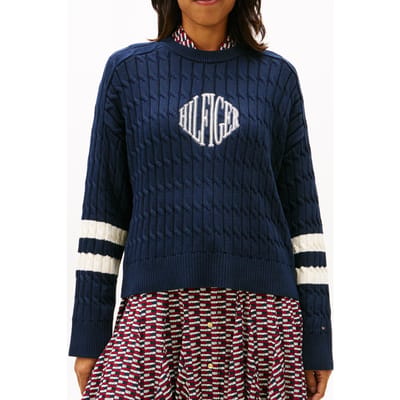 Tommy Hilfiger Logo Embroidery Relaxed Cable Knit Jumper Dark Night Navy Taglia: XS | Maglioni a maglia Outlet | Donna | Nero