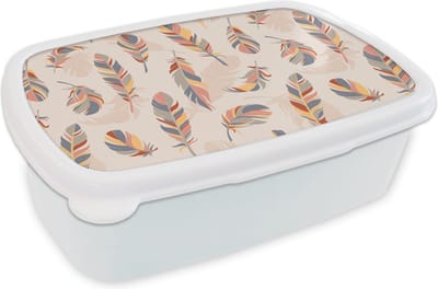 Broodtrommel Wit - Lunchbox - Brooddoos - Veer - Pluimen - Patronen - Pastel - 18x12x6 cm - Volwassenen
