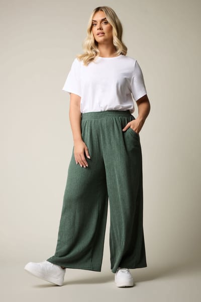 Yours Broek Met Wijde Pijpen Met Textuur In Donkergroen Size 44