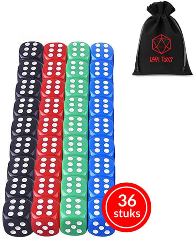 Lapi Toys - Dungeons and dragons D6 dobbelstenen - D6 - 36x D6 DND Dice - Inclusief velvet bewaarzakje - Meerkleurig
