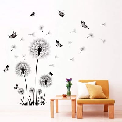 Dailygoody - Muursticker - Paardebloem - Decoratieve muursticker - Zwart - Vlinder - Perfect voor kinderkamer en woonkamer - 130 x 160 cm