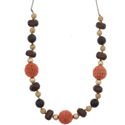 Behave – Ketting – Bruin Oranje – Acryl Kralen – Gehaakte Stof – Lange Bohemian Look