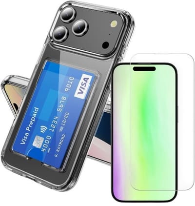 Schokbestendig TPU Hoes Geschikt voor: iPhone 17 Pro - Transparant - Hoesje met Achterkant Pasjeshouder + 2x Screenprotector