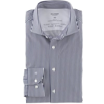 OLYMP Level 5 body fit overhemd 24/7 - marine blauw met wit gestreept tricot - Strijkvriendelijk - Boordmaat: 40