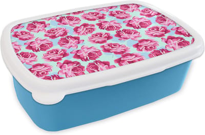 Broodtrommel Blauw - Lunchbox - Brooddoos - Bloemen - Rozen - Patroon - 18x12x6 cm - Kinderen - Jongen