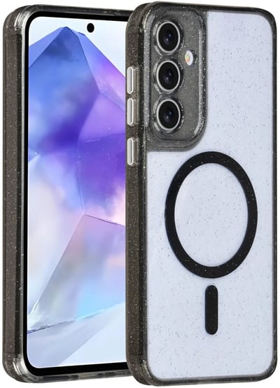 Backcover Hoesje Geschikt voor: Samsung Galaxy A55 - MagSafe Compatibel – Transparant Glitter Design – Krasbestendig – Slanke Bescherming met Perfecte Pasvorm - Zwart