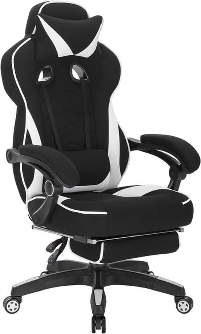 BukkitBow - Racing Fabric Gaming Stoel met Rug/Nekkussen en Voetensteun (49CM Hoog) - Wit