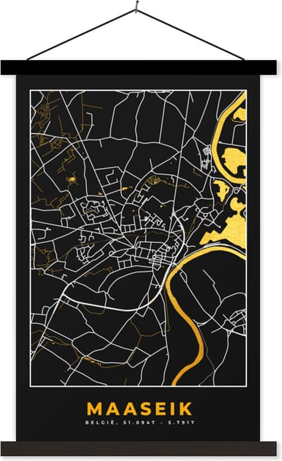 Posterhanger incl. Poster 40x60 cm - Schoolplaat - Kaart - Plattegrond - Maaseik - Goud - Stadskaart - Textielposter - Zwarte latten - Stadskaart