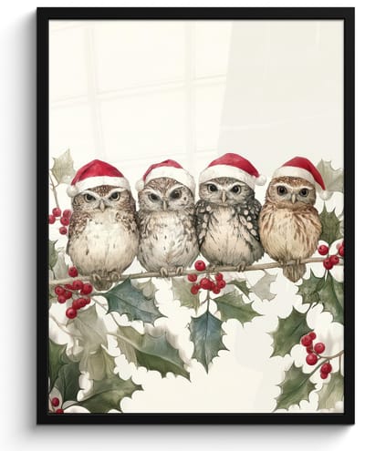 Poster in lijst - Fotolijst 60x80 cm - Posters - Uilen - Tak - Hulstblaadjes - Kerstmuts - Posterlijst zwart - Decoratie - Wanddecoratie woonkamer - Muurdecoratie slaapkamer - Kerstversiering - Kerstdecoratie voor binnen - Kerstmis