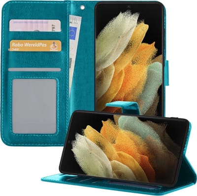 Hoesje - Met Pasjeshouder - Geschikt voor Samsung Galaxy S21 Ultra - Luxe Bookcase Portemonee - Flip Case - Kunstleer Book Case - Flipcase - Book Cover - Walletcase - Portemonneehoes - Telefoonhoesjes - Turquoise
