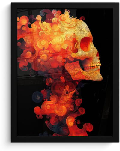 Poster in lijst - Fotolijst 30x40 cm - Posters - Schedel - Oranje - Zijaanzicht - Vlammen - Posterlijst zwart - Decoratie - Wanddecoratie woonkamer - Muurdecoratie slaapkamer
