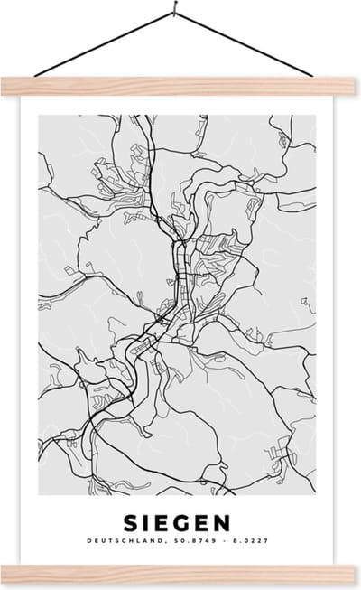 Posterhanger incl. Poster 40x60 cm - Schoolplaat - Duitsland - Plattegrond - Siegen - Kaart - Stadskaart - Textielposter - Blanke latten - Stadskaart