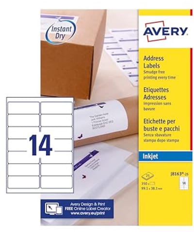 Sneldrogende Adresetiketten voor Inkjetprinters - 14 per Vel, 99,1 x 38,1 mm - 350 Etiketten