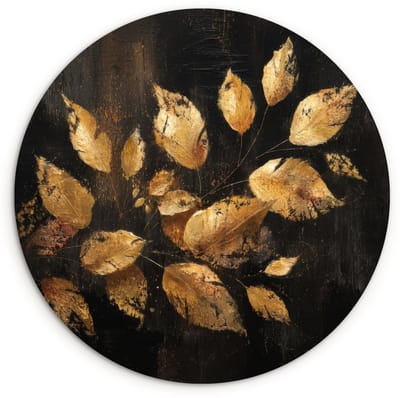 WallCircle® Wandcirkel 120x120 cm - Muurcirkel Gouden Bladeren op Donkere Achtergrond - Muurdecoratie woonkamer - Wanddecoratie slaapkamer - Kamer decoratie accessoires - Ronde schilderijen XXL