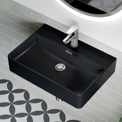 HOROW Wastafel - Keramiek - wasbak voor badkamer en toilet - Mat Zwart wastafel - met overloop - Badkamerwastafel - Modern kraangat Handspoelbak - 60 × 42 × 13.5cm