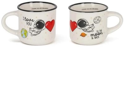 Set van 2 espressokopjes, New Bone China, vaatwasmachinebestendig, koffiekopje met Astronaut motief, diameter 5,5 cm, inhoud 50 ml