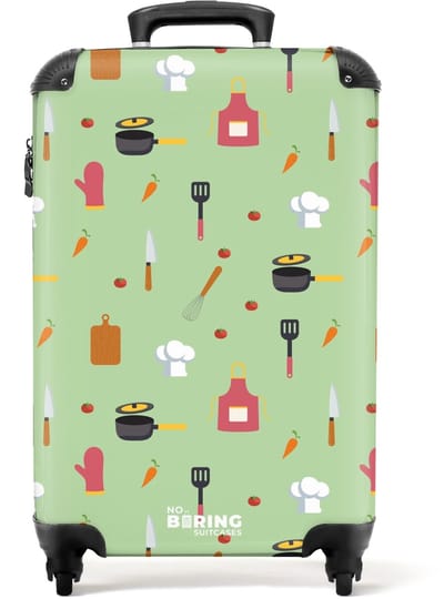 NoBoringSuitcases.com® - Kinderkoffer - Kindertrolley jongen en meisje - Keukenaccessoires en ingrediënten op lichtgroen - Handbagage koffer lichtgewicht - Reiskoffer trolley kinderen - Rolkoffer met wieltjes - Past binnen 55x40x20 en 55x35x25