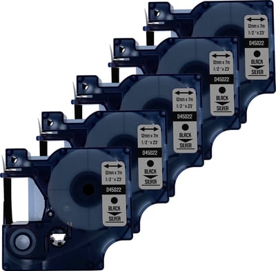 DULA Dymo D1 45022 Compatible label tape - 5 lettertapes - Zwart op zilver - 12mm x 7m
