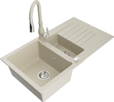 Mexen Matias granieten gootsteen 1,5-kamers met afdruiprek en keukenkraan Savita, beige - 6502-69-672601-69