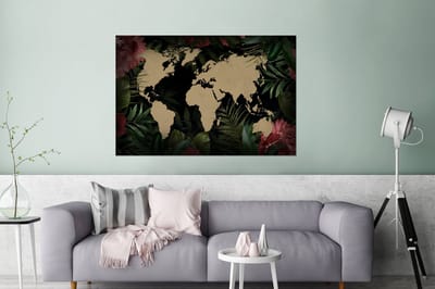 Aluminium schilderij 180x120 cm - Wanddecoratie metaal - Wereldkaart - Bloemen - Tropische Planten - Metalen muurdecoratie woonkamer - Decoratie industrieel - Foto op dibond - Industriële accessoires slaapkamer